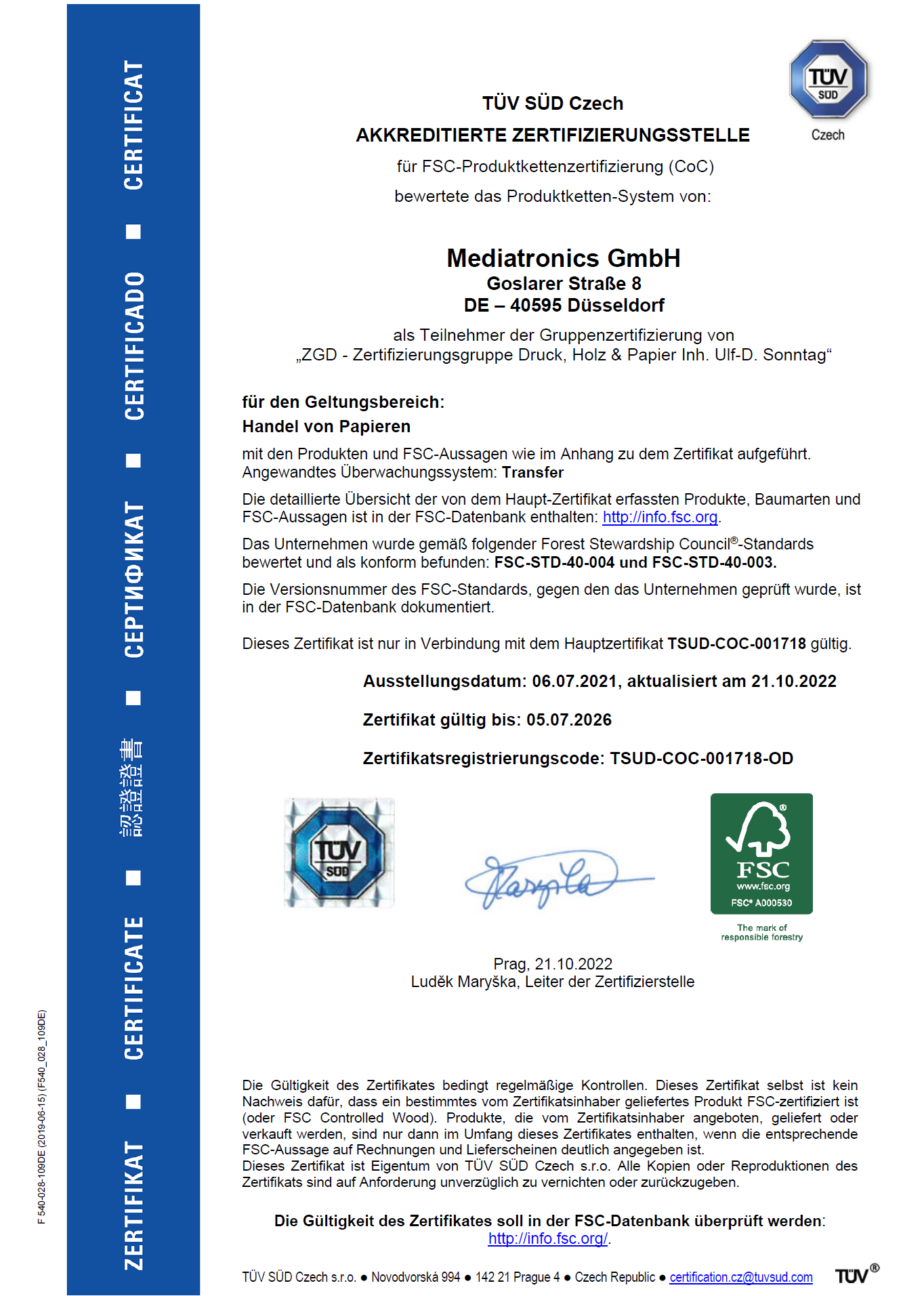 Mediatronics FSC Zertifikat